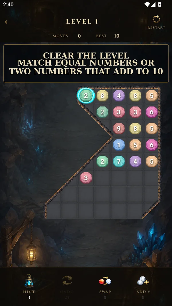Cavernum gameplay screenshot showing a level-clearing number puzzle