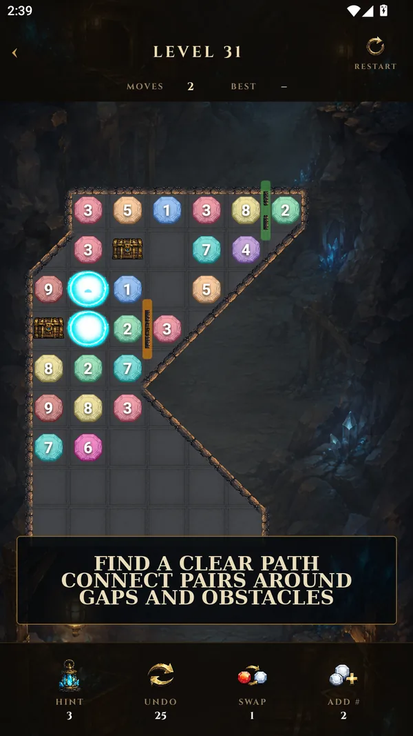 Cavernum gameplay screenshot demonstrating the clear-path matching rule