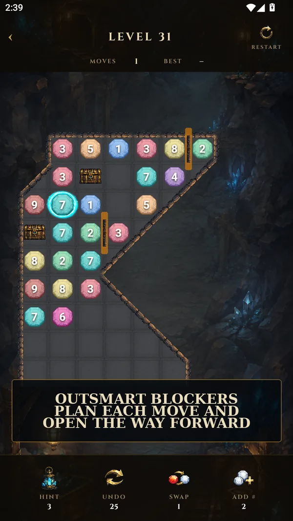 Cavernum gameplay screenshot showing blockers that affect possible number matches
